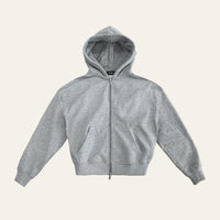 Mid Grey Zip Up Hoodie laid flat from the front, showing the full-length chrome zip and front pockets