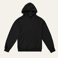 Hoodie in Black laid flat, front view showing the relaxed fit and front pouch pocket