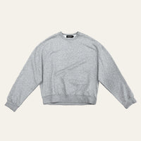 Sweater in Mid Grey laid flat, front view showing the crew neck, dropped shoulders and ribbed cuffs