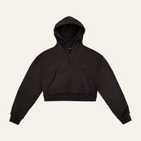 Core Hoodie in Cacao laid flat from the front, showing the cropped fit, tonal zip, front pocket and ribbed hem