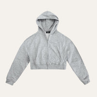 Core Hoodie in Ash Grey laid flat from the front, showing the cropped fit, full zip and front pockets