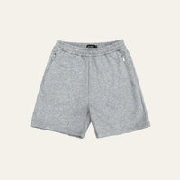 Shorts in Mid Grey laid flat from the front, showing the elasticated waist, zip pockets and marl fabric