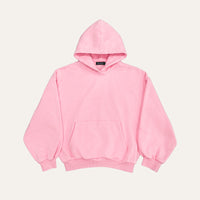 Mani Hoodie in Bubblegum Pink laid flat from the front, showing the hood, kangaroo pocket and ribbed cuffs