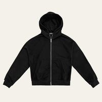 Zip Up Hoodie in Jet Black laid flat, front view showing the silver zip, hood and front pockets