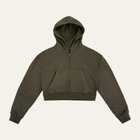 Core Hoodie in Khaki laid flat, front view showing the cropped fit, tonal zip and front pockets