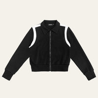 Contrast Piping Zip Up Sweater in black with white shoulder piping, laid flat from the front with the zip done up